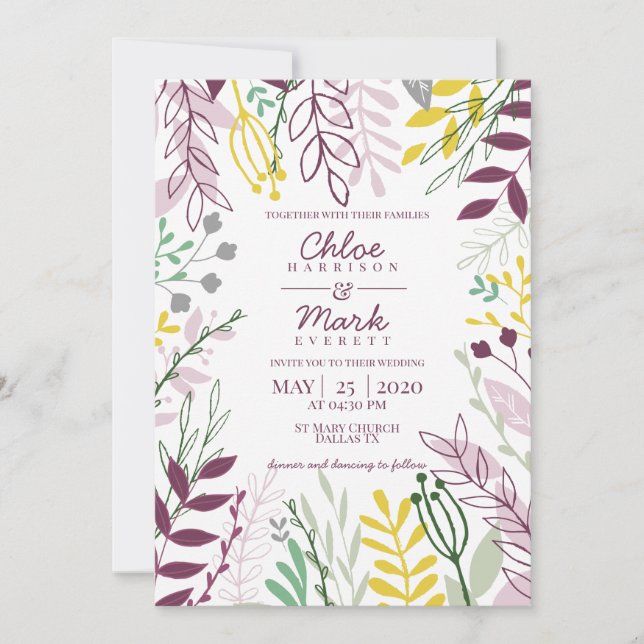 Invitación Boda de verano floral boho púrpura amarillo (Anverso)