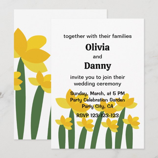 Invitación Boda de verano floral de narciso amarillo (Anverso / Reverso)