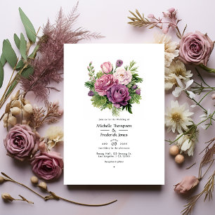 Invitación Boda de verano floral en malva y verde pino