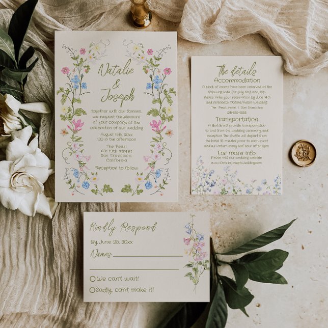 Invitación Boda de verano floral retro escrita a mano (Subido por el creador)
