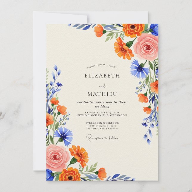 Invitación Boda de verano floreciente naranja (Anverso)