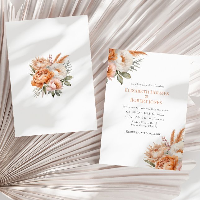 Invitación Boda de Verano Flores de Coral Boho (Boho Coral Flowers Summer Wedding Invitation - front and back - on a neutral dry palm leaf.)
