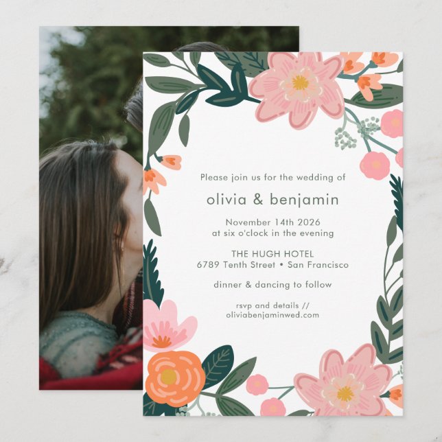 Invitación Boda de Verano Frontera de Flores de Jardín Verde  (Anverso / Reverso)