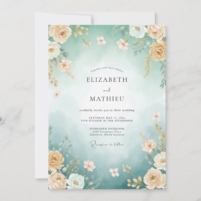 Invitación Boda de verano magnífica azul verdoso (Anverso)
