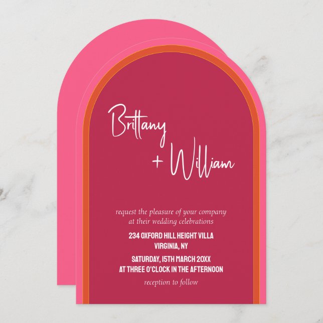 Invitación Boda de verano moderno rosa y Naranja arcada (Anverso / Reverso)