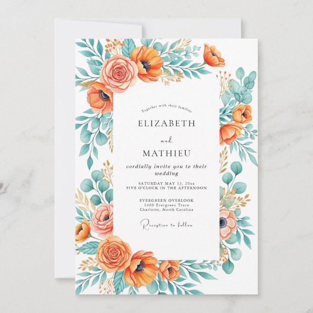 Invitación Boda de verano naranja turquesa exuberante (Anverso)