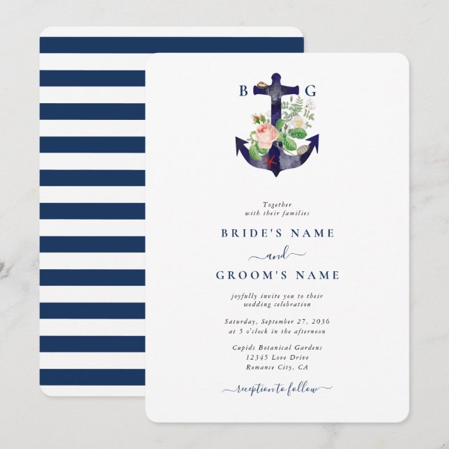 Invitación Boda De Verano Náutico De Flores Botánicas De Ancl (Anverso / Reverso)