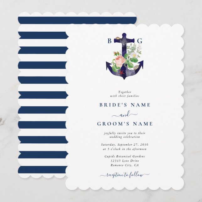 Invitación Boda De Verano Náutico De Flores Botánicas De Ancl (Anverso / Reverso)