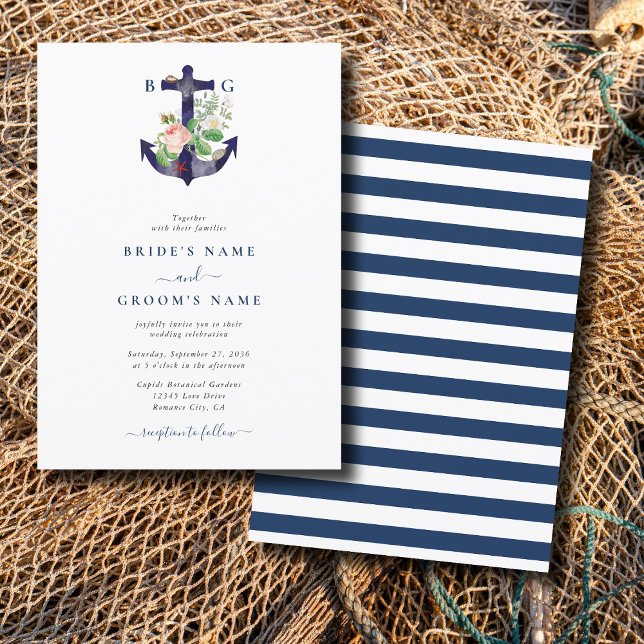 Invitación Boda De Verano Náutico De Flores Botánicas De Ancl (Anchor Botanical Floral Nautical Summer Wedding Invitation)
