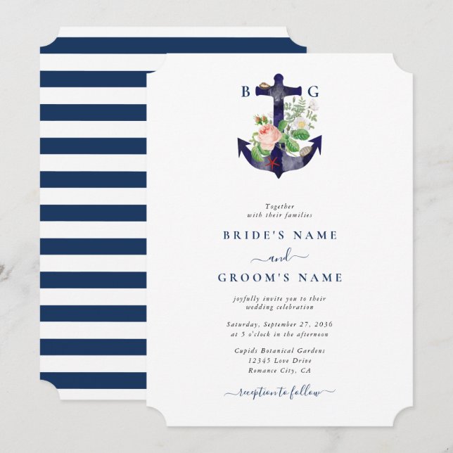 Invitación Boda De Verano Náutico De Flores Botánicas De Ancl (Anverso / Reverso)