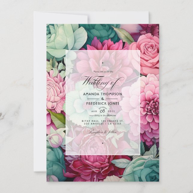 Invitación Boda de verano Pastel Rosa, Sea Green y Merlot (Anverso)