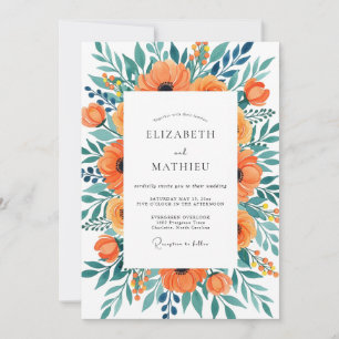 Invitación Boda de verano pintoresca en naranja y azul turque