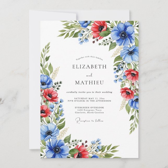 Invitación Boda de verano radiante azul real rojo (Anverso)