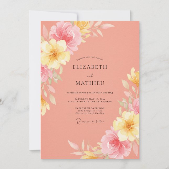 Invitación Boda de verano radiante de coral (Anverso)