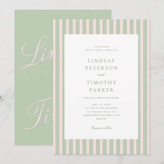 Invitación Boda de verano rosa verde salvia (Anverso / Reverso)