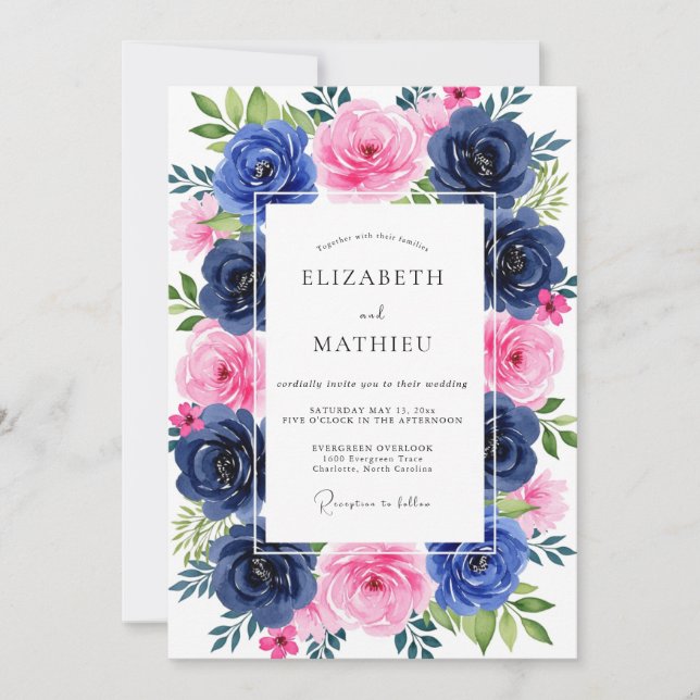 Invitación Boda de verano rosa y navy exuberante (Anverso)