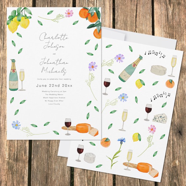 Invitación Boda de verano rústica con estilo boho chic y acua (Lemon and orange botanical citrus boho watercolor wedding invitation )