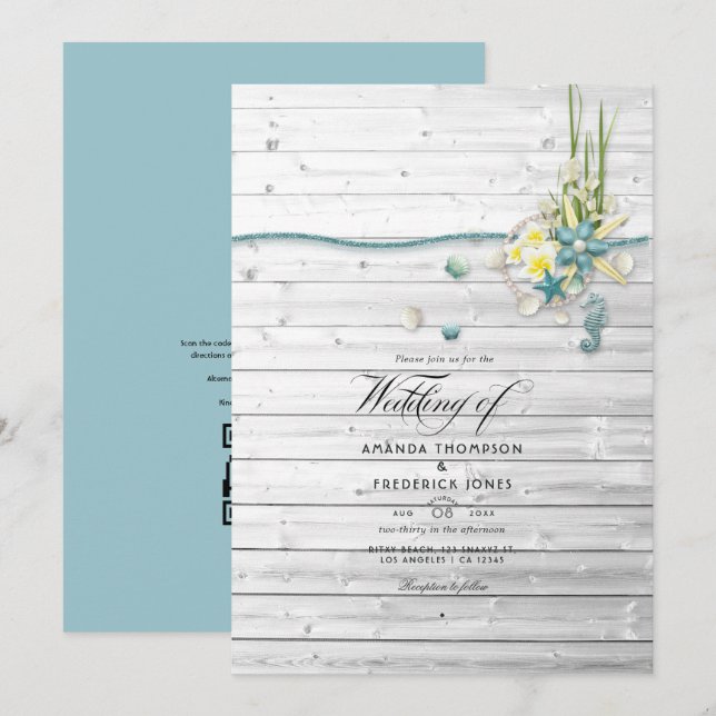Invitación Boda de verano rústica en la playa con código QR p (Anverso / Reverso)