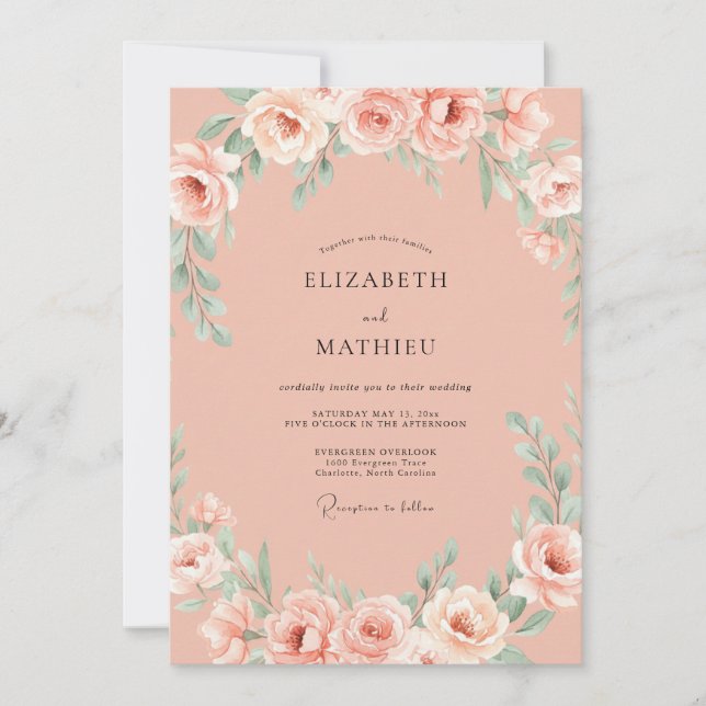 Invitación Boda de verano serena de coral (Anverso)