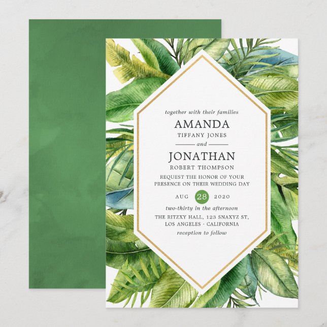 Invitación Boda de verano tropical con acuarela en la playa (Anverso / Reverso)