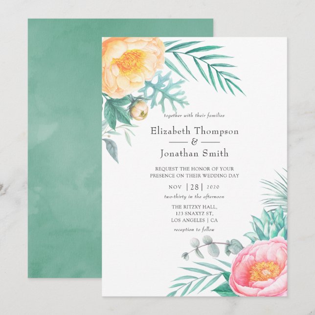 Invitación Boda de verano tropical de menta floral (Anverso / Reverso)