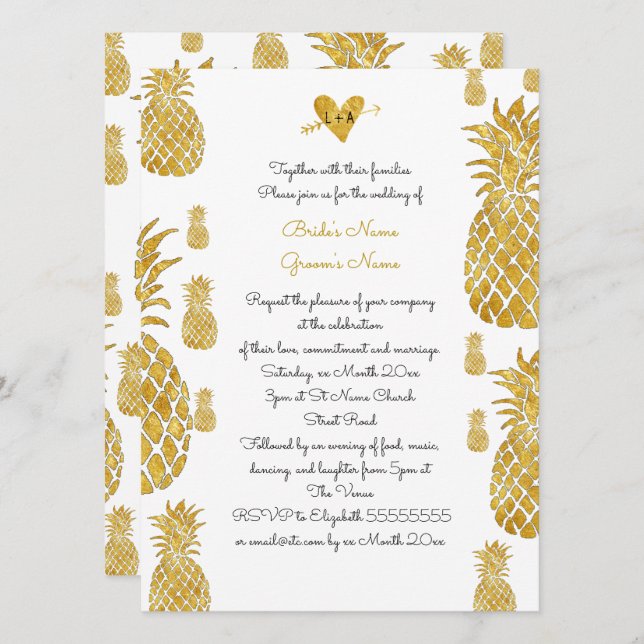 Invitación boda de verano tropical elegante de piñas doradas (Anverso / Reverso)