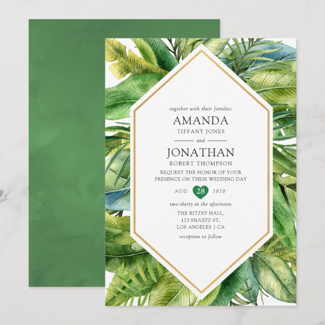 Invitación Boda de verano tropical en la playa con acuarela (Anverso / Reverso)
