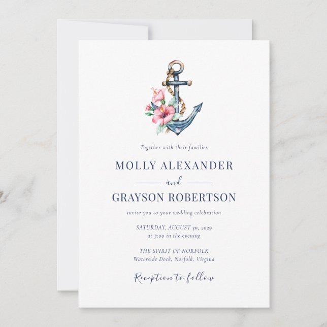 Invitación Boda de Verano Tropical Floral Anchor Beach (Anverso)