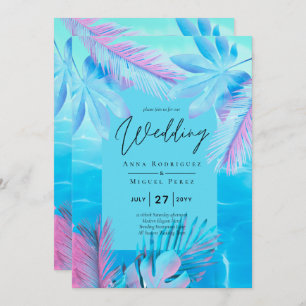 Invitación Boda de verano tropical moderno Aqua Blue Pink
