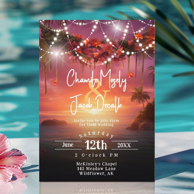 Invitación Boda de verano tropical Sunset Beach String (Tropical Summer Beach String Lights Wedding Invitation)