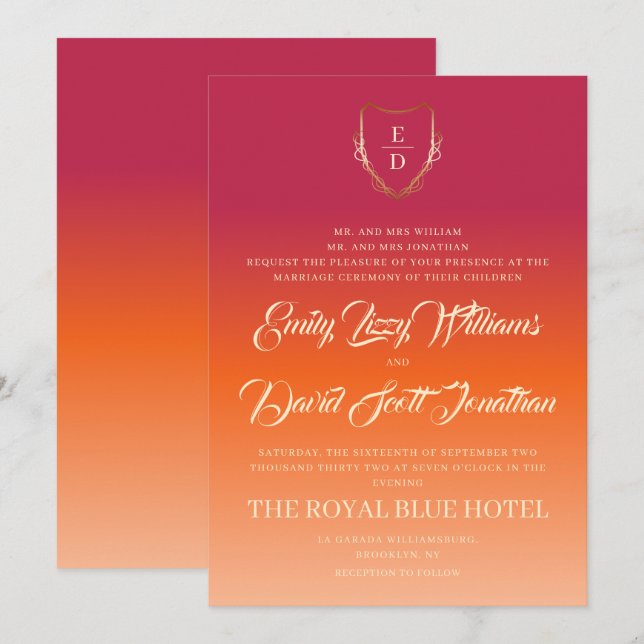 Invitación Boda de verano vibrante clásico Naranja de Borgoña (Anverso / Reverso)