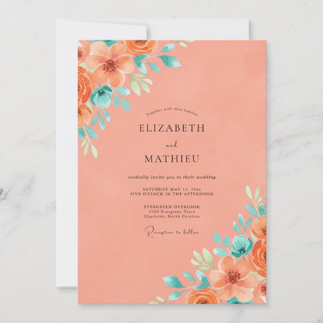 Invitación Boda de verano vibrante de coral (Anverso)