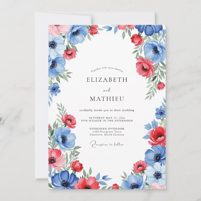 Invitación Boda de verano vibrante rojo azul (Anverso)