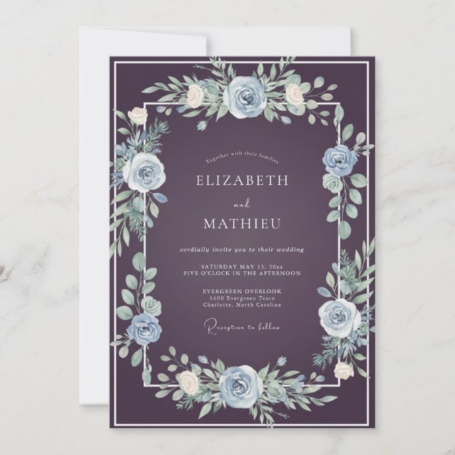 Invitación Boda de Verde Acerado con Ciruela (Anverso)