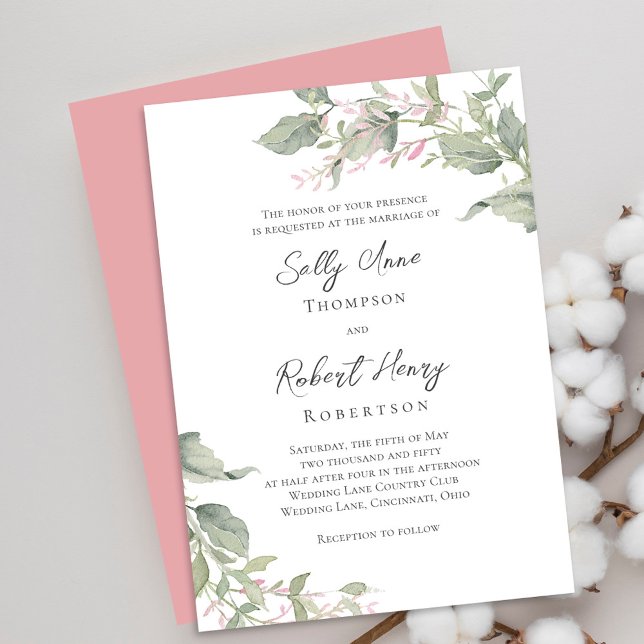 Invitación Boda de verde acuarela verde (Blush pink and grey floral wedding invitations. )