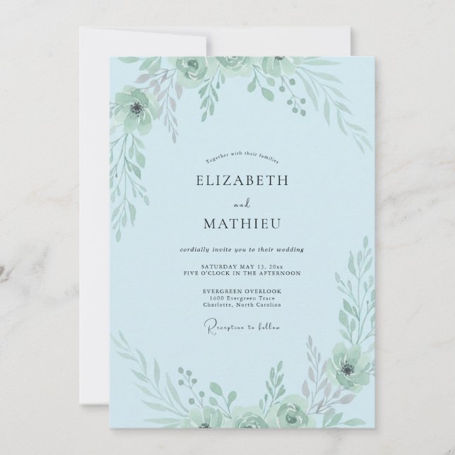 Invitación Boda de Verde con Azul Polvo (Anverso)