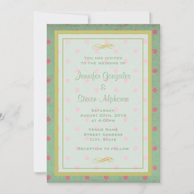 Invitación Boda de Verde con Lunares Rosas (Anverso)