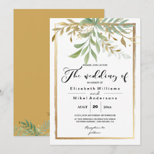 Invitación Boda de verde de hojas de oro de borde clásico