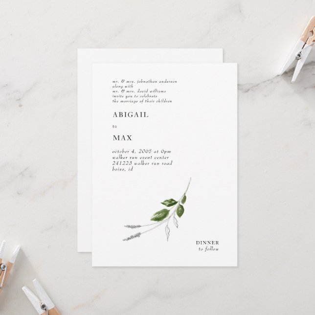 Invitación Boda de verde de lápiz y acuarela moderno (Anverso/Reverso In Situ)