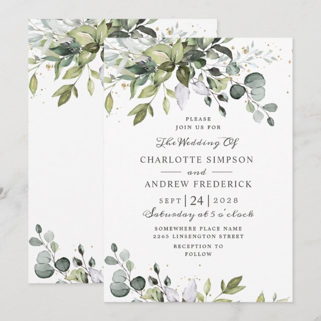 Invitación Boda de Verde Eucalipto Acuarela (Anverso / Reverso)