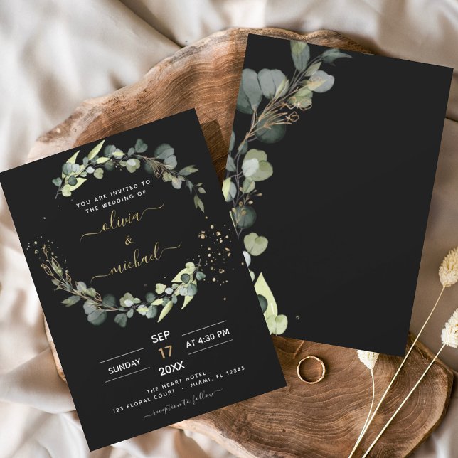 Invitación Boda de verde eucalipto negro elegante (Subido por el creador)