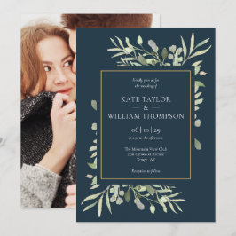 Invitación Boda de Verde Fotográfico Azul y Dorado del Mar Pr