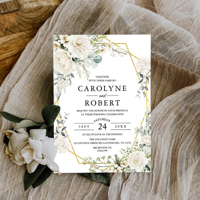 Invitación Boda de verde geométrico de oro floral blanco (Subido por el creador)