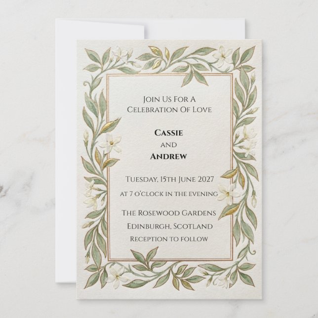 Invitación Boda de Verde Laurel Dorado (Anverso)