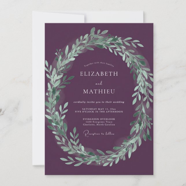 Invitación Boda de Verde Plomo y Ciruelas (Anverso)