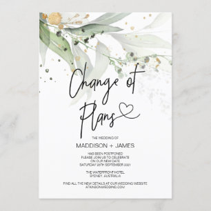 Invitación Boda de verde postergó notas cambio de planes