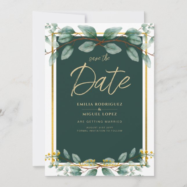 Invitación Boda de Verde Reservar Fecha Verde Oro Moderno (Anverso)