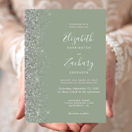 Invitación Boda de Verde Salvia Moderno con Borde de Brillo P