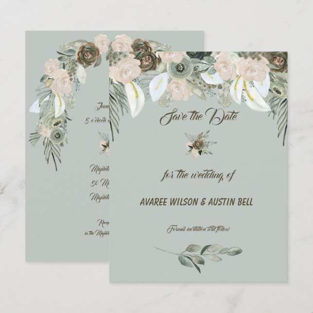 Invitación Boda de Verde Salvia y Crema de Vainilla (Anverso / Reverso)