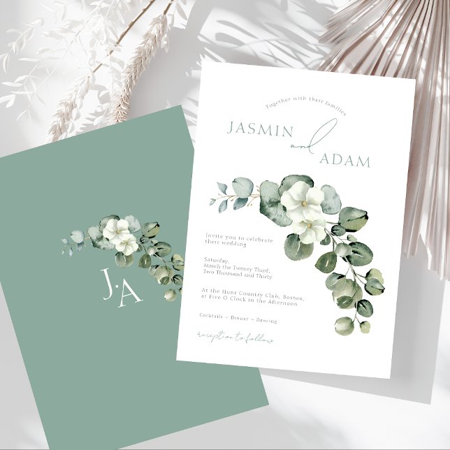 Invitación Boda de verde simple con follaje de eucalipto (Simple Eucalyptus Leaves Greenery Foliage Wedding Invitation)